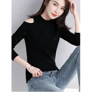 어깨 트임 티셔츠 오프숄더 긴팔 솔리드 라운드넥 블랙 블루
