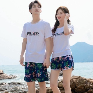 여자 커플 얼룩말 하와이안 반바지 방수 포켓 반팔 티셔츠 세트 해변 서핑 바닷가 휴가