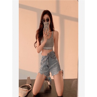 [데님반바지]불규칙허리디지인의감각적인데님반바지