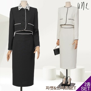 윈 UNE파이핑배색크롭자켓+롱스커트SET