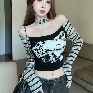 아메리칸 레트로 아메카지룩 크롭 오프숄덜 긴팔 티셔츠 여자 상의