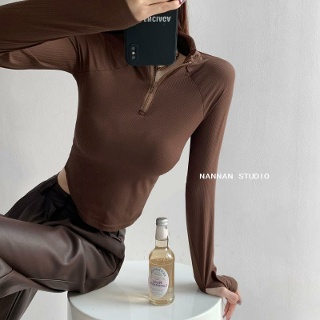 색다른 나체체험~ 부드럽고 왁시한 실감나는 요가복 티셔츠, 슬림핏 하프지퍼 스탠드업 칼라 피트니스 탑