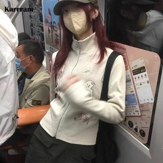 크롭가디건 여름가디건 여자 여성 봄 볼레로 Karrram 일본 하라주쿠 터틀넥 카디건 빈티지 그런지 프린트