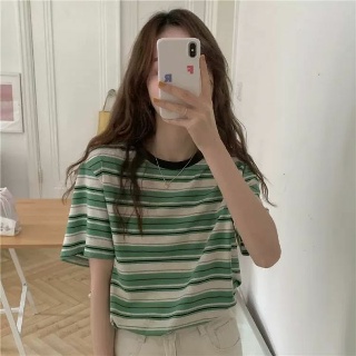 여성용 반팔 티셔츠 여름 루즈한 줄무늬 라운드 넥 탑 트렌디