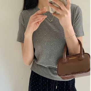 짜리점 여자 키작녀 라운드넥티 슬림핏 라운드넥 캐주얼 반짝 여름 반팔 티셔츠 꾹2