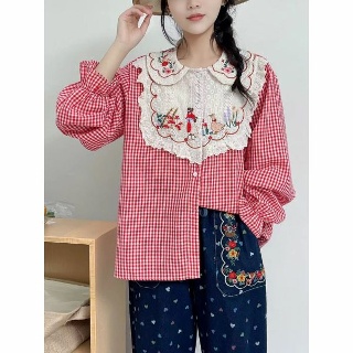 체크블라우스 여성브라우스 예쁜 셔츠 남방 여성용 루즈한 오버사이즈 셔츠모리 걸 상의용수철 일본 스타일피터팬