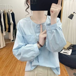 미에스틸로 여성셔츠 봄 여름 면 남방 빈티지 라운드 퍼프 소매 긴팔 루즈핏 상의 ADOR1