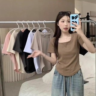 플러스 사이즈 뚱뚱한 소녀 배꼽 슬리밍 세련된 달콤한 어깨 스퀘어 칼라 티셔츠 여성 여름 새로운 서양 스타일