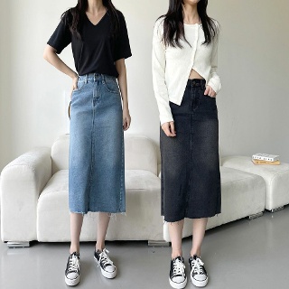 롱스커트 데님 미디 청치마 뒷밴딩 편한 블랙 중청