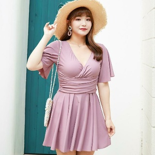 빅사이즈 반팔 원피스 수영복 속바지 브이넥 체형커버 휴양지 비치웨어
