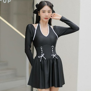 빅사이즈 여성 원피스 수영복 홀터넥 긴팔 백리스 비치웨어 5XL
