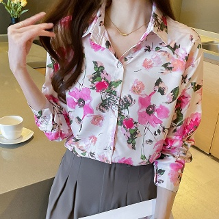 여자 무지 반팔티 가을 빈티지 프린트 루즈핏 긴팔 셔츠 DU