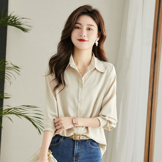 여자 쉬폰블라우 코디 봄가을 칼라넥 셔츠 쉬폰 솔리드 루즈핏 DU