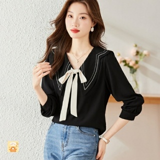 에네로 레이스블라우스 블라우스 프렌치 브이넥 탑 리본 봄 가을 UNO1