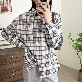셉띠엠브레 체크셔츠 여성 체크 셔츠 봄 가을 복고풍 긴팔 슬림핏 루즈핏 남방 UNO1