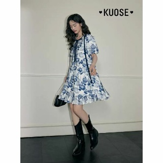 KUOSE 쿠오세원피스 블루 청량 베이비돌 리본 프릴 플로럴 여름휴가
