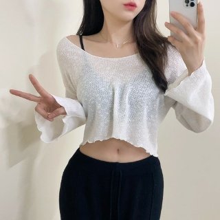 *Cover-up* 프릴 시스루 여리 부클 와이드 V넥 나팔 니트티