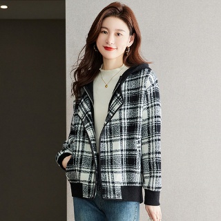 여자 후드 가디건 모직 코트 F/W 루즈핏 상의 레이어드 체크 mob4