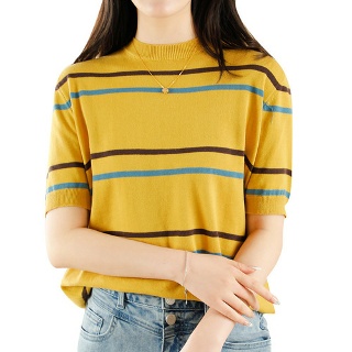 띠엔다 여성 반팔 라운드 스트라이프 면 티셔츠 ADOR2
