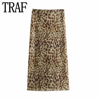 프릴스커트 주름치마 여성 쉬폰 플레어 스커트 TRAF 레오파드 무늬 얇은 명주 그물 스커트여성용 하이 웨이스