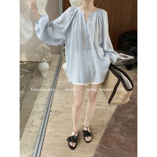 핀턱 블라우스 루즈핏 볼륨 퍼프 슬릿 시스루 봄 주름 플리츠 스카이 블루