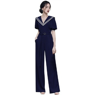 솜브레로스 점프슈트 여성 바지 하이웨스트 슬림핏 와이드팬츠 여름 카라넥 퍼프소매 UNO2