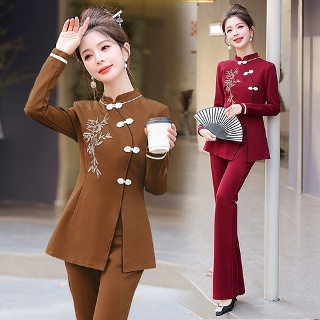 미비다 여성정장세트 자수 단추 봄 빈티지 우아한바지 세트 긴팔 스탠카라 ADOR1