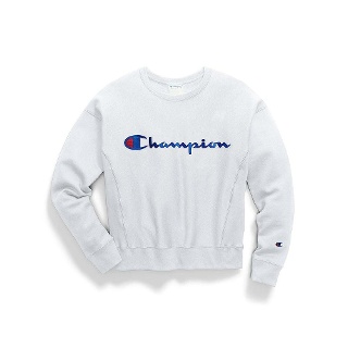 CHAMPION 여성용 리버스 위브 체인 스티치 스크립트 스펠아웃 로고 크루넥 스웨트셔츠-화이트_M